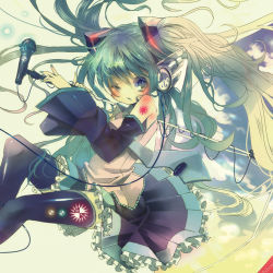 Rule 34 | 1girl, bad id, bad pixiv id, bare shoulders, blush, detached sleeves, green eyes, green hair, hatsune miku, headphones, long hair, matching hair/eyes, microphone, microphone stand, necktie, one eye closed, sakura shiori, skirt, solo, thighhighs, twintails, very long hair, vocaloid, wink