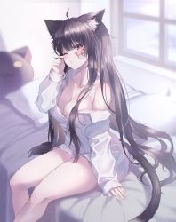 Rule 34 | 1girl, absurdres, ahoge, animal ears, bare shoulders, bed, black hair, blouse, breasts, bug, butterfly, butterfly tattoo, cat ears, cat girl, cat tail, cleavage, collarbone, hand up, highres, indoors, insect, jingo, large breasts, long hair, long sleeves, looking at viewer, naked shirt, off shoulder, on bed, one eye closed, original, parted lips, pillow, purple eyes, shirt, sitting, slit pupils, solo, tail, tattoo, thighs, very long hair, waking up, white shirt, window