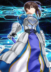 Rule 34 | 1girl, absurdres, ahoge, akito (sub707), alternate costume, armor, armored dress, artoria pendragon (all), artoria pendragon (fate), blue dress, blue ribbon, breasts, brown eyes, brown hair, cosplay, crossover, dress, fate/grand order, fate (series), gauntlets, hair ribbon, highres, kaga (kancolle), kantai collection, large breasts, long hair, long sleeves, ribbon, saber (fate), saber (fate) (cosplay), side ponytail, solo