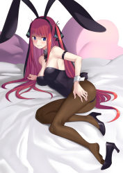 Rule 34 | 1girl, animal ears, arm strap, ass, bare shoulders, bed sheet, black bow, black bowtie, black footwear, black hairband, black leotard, black ribbon, blue eyes, blush, bow, bowtie, breasts, brown pantyhose, cleavage, clenched teeth, collar, collarbone, commentary, detached collar, fake animal ears, feet, fingernails, full body, go-toubun no hanayome, grey collar, hair ornament, hair ribbon, hairband, high heels, highres, large breasts, leotard, long hair, looking at viewer, lying, nail polish, nakano nino, on side, pantyhose, pink nails, playboy bunny, rabbit ears, rabbit tail, red hair, revision, ribbon, saiste, shoe dangle, shoes, solo, strapless, strapless leotard, sweat, tail, teeth, two side up, very long hair, wing collar, wrist cuffs
