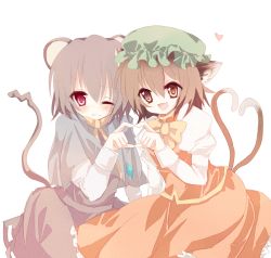 Rule 34 | 2girls, animal ears, bad id, bad pixiv id, brown hair, cat ears, cat girl, cat tail, chen, earrings, female focus, grey hair, hat, heart, heart tail, jewelry, mouse ears, mouse tail, multiple girls, multiple tails, nazrin, pendant, red eyes, short hair, simple background, skirt, tail, touhou, white background, yukimiya (parupunta)