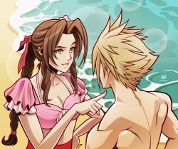 Rule 34 | 1boy, 1girl, absurdres, aerith gainsborough, aerith gainsborough (floral delight), beach, blonde hair, braid, braided ponytail, breasts, brown hair, cleavage, cloud strife, cloud strife (wild surf), crop top, final fantasy, final fantasy vii, final fantasy vii rebirth, final fantasy vii remake, flower, frilled sleeves, frills, green eyes, hair flower, hair ornament, hair ribbon, hand on own hip, highres, james diato, long hair, medium breasts, midriff, ocean, official alternate costume, parted bangs, parted lips, pink flower, pink ribbon, pink shirt, pointing, red skirt, ribbon, sand, shirt, short hair, short sleeves, sidelocks, signature, single braid, skirt, smile, spiked hair, topless male, twitter username, upper body, wavy hair