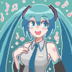Rule 34 | 1girl, aqua eyes, aqua hair, aqua necktie, bare shoulders, beamed eighth notes, breasts, collared shirt, detached sleeves, eighth note, grey shirt, hair between eyes, hatsune miku, hcnone, heart, long hair, musical note, necktie, open mouth, outline, pixel art, quarter note, shirt, smile, solo, treble clef, twintails, upper body, vocaloid, white outline