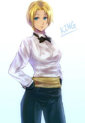 Rule 34 | 1girl, blonde hair, blue eyes, bow, bowtie, character name, dress shirt, earrings, fingerless gloves, gloves, hands on own hips, inaba-no-kuni-tottori, jewelry, king (snk), pants, ryuuko no ken, sash, shirt, short hair, solo, standing, the king of fighters, very short hair