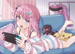 Rule 34 | 1girl, couch, hair ornament, highres, jacket, long hair, looking at viewer, multicolored hair, nintendo switch, on couch, open mouth, pink hair, smile, sugar 7g, tulsi nightmare, vee (vtuber), virtual youtuber