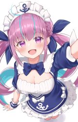 Rule 34 | 1girl, :d, absurdres, ahoge, anchor, anchor symbol, arm up, bad id, bad pixiv id, blue bow, blue bowtie, blue dress, blue hair, blue ribbon, blush, bow, bowtie, braid, breasts, cleavage, colored inner hair, commentary request, dress, french braid, frilled dress, frills, from above, hair ribbon, highres, hiruno ushiro, hololive, large breasts, long hair, looking at viewer, maid, maid headdress, minato aqua, minato aqua (1st costume), multicolored hair, open mouth, purple eyes, purple hair, ribbon, short sleeves, sidelocks, smile, solo, streaked hair, twintails, two-tone hair, virtual youtuber, white background, wrist cuffs