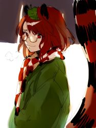 Rule 34 | 1girl, animal ears, brown hair, checkered clothes, checkered scarf, closed mouth, commentary request, futatsuiwa mamizou, glasses, green kimono, highres, japanese clothes, kimono, kuya (hey36253625), leaf, leaf on head, raccoon ears, raccoon tail, round eyewear, scarf, smile, tail, tanuki, touhou