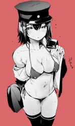 Rule 34 | 10s, 1girl, akitsu maru (kancolle), bikini, blush, breasts, cleavage, commentary request, covered erect nipples, female focus, hat, highres, jacket, kantai collection, large breasts, limited palette, micro bikini, micro bikini top, monochrome, navel, nekometaru, no pants, open clothes, open jacket, orange background, parted lips, peaked cap, short hair, simple background, sketch, solo, sweat, swimsuit, thighhighs, translation request