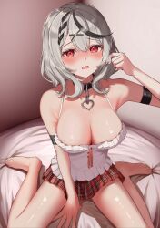 Rule 34 | 1girl, absurdres, arm garter, bare shoulders, black gloves, black hair, blush, braid, breasts, camisole, cleavage, collar, gensho, gloves, grey hair, hair ornament, highres, hololive, large breasts, looking at viewer, medium hair, multicolored hair, open mouth, plaid, plaid skirt, red eyes, red skirt, sakamata chloe, seiza, sitting, skirt, solo, streaked hair, virtual youtuber, white camisole, x hair ornament