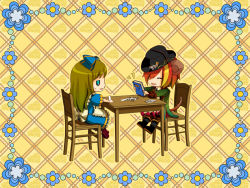 Rule 34 | 1boy, 1girl, ^ ^, alice liddell (kuni no alice), animal ears, apron, aqua eyes, blonde hair, book, boots, bow, brown hair, card, cheese, chibi, closed eyes, dress, closed eyes, flower, food, game cg, hair bow, happy, heart no kuni no alice, streaked hair, holding, holding card, long hair, mouse ears, mouse tail, multicolored hair, official art, open mouth, pierce villiers, playing card, puffy sleeves, red hair, sitting, skirt, sweat, tail