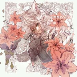 Rule 34 | 1girl, animal ears, black sleeves, commentary, commission, cropped torso, english commentary, english text, final fantasy, final fantasy xiv, floral background, flower, frilled sleeves, frills, green eyes, head tilt, jacket, lily (flower), long hair, long sleeves, looking at viewer, miqo&#039;te, narurinya, parted lips, petals, pink lips, puffy long sleeves, puffy sleeves, red flower, sleeves past wrists, solo, warrior of light (ff14), watermark, white background, white hair, white jacket