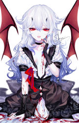 Rule 34 | 1girl, arm support, artist name, black gloves, black skirt, blood, breasts, collarbone, commentary, fingerless gloves, gloves, hair between eyes, highres, horns, long hair, looking at viewer, nail polish, open mouth, original, puffy short sleeves, puffy sleeves, red eyes, red nails, sheya, short sleeves, signature, silver hair, simple background, skirt, solo, white background, wings