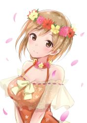 Rule 34 | 10s, 1girl, aiba yumi, bare shoulders, blush, breasts, brown eyes, brown hair, flower, hair ornament, head wreath, highres, idolmaster, idolmaster cinderella girls, looking at viewer, petals, short hair, simple background, smile, solo, takeashiro, upper body, white background