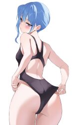 Rule 34 | 1girl, adjusting clothes, adjusting swimsuit, alternate costume, ass, asymmetrical hair, back, backless swimsuit, black one-piece swimsuit, blue eyes, blue hair, blush, breasts, closed mouth, cowboy shot, embarrassed, fawny, from behind, highres, hololive, hoshimachi suisei, light blue hair, looking at viewer, looking back, medium hair, one-piece swimsuit, side ponytail, simple background, small breasts, solo, standing, star (symbol), star in eye, swimsuit, symbol in eye, virtual youtuber, white background