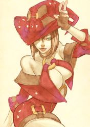 Rule 34 | black hair, breasts, cleavage, dress, green eyes, guilty gear, guilty gear xrd, hat, i-no, large breasts, o-ring, o-ring top, red dress, red hat, short dress, short hair, solo, witch hat, yohane shimizu