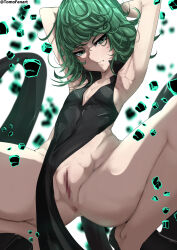 Rule 34 | 1girl, absurdres, anus, armpits, arms behind head, arms up, artist name, aura, black dress, blurry, blurry background, breasts, censored, closed mouth, curly hair, debris, dress, flipped hair, floating, floating object, glaring, glowing, green eyes, green hair, highres, mosaic censoring, one-punch man, pelvic curtain, pussy, short hair, side slit, sleeveless, sleeveless dress, small breasts, solo, spread legs, squatting, tatsumaki, tomodachi (tomofanart), twitter username, white background