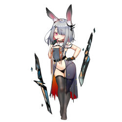 Rule 34 | 1girl, animal ear fluff, animal ears, arknights, bikini, black bikini, black dress, black gloves, black thighhighs, breasts, chinese commentary, commentary request, dress, finger to mouth, frostnova (arknights), full body, gloves, groin, hair ornament, hair over one eye, hairclip, hand on own hip, hand to own mouth, highres, kuroshiroemaki, legs, navel, open clothes, open dress, rabbit ears, red eyes, see-through, short hair, side-tie bikini bottom, silver hair, simple background, sleeveless, sleeveless dress, small breasts, smile, solo, swimsuit, thigh gap, thighhighs, thighs, tongue, tongue out, white background