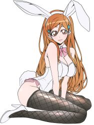 1girl animal_ears bare_shoulders bleach bow brown_eyes fake_animal_ears fake_bunny_ears fake_tail female_focus fishnet_thighhighs fishnets hair_ornament hairclip high_heels highres inoue_orihime leotard long_hair looking_at_viewer n_(nauki_11) orange_hair pink_bow playboy_bunny simple_background strapless strapless_leotard tail thighhighs thighs white_background white_leotard