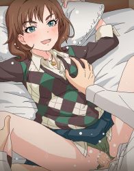 Rule 34 | 1boy, 1girl, bed, bed sheet, blue skirt, blush, grabbing another&#039;s breast, brown hair, buttons, clothed sex, clothing aside, collar, crotch seam, eyelashes, grabbing, green eyes, green panties, hands on breasts, holding, idolmaster, idolmaster cinderella girls, jewelry, kate (idolmaster), looking at another, necklace, open mouth, panties, panties aside, penis, pillow, plaid, pussy, sex, shirt, short hair, skirt, smile, socks, spread legs, sweat, tomu (tomubobu), underwear, vaginal, pussy juice, white shirt