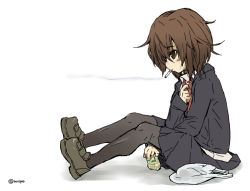 Rule 34 | 1girl, bad id, bad pixiv id, bag, black jacket, black pantyhose, black skirt, brown eyes, brown hair, cigarette pack, from side, hair between eyes, harukaze unipo, holding, jacket, kantai collection, long sleeves, mouth hold, name connection, necktie, object namesake, pantyhose, plastic bag, profile, red necktie, simple background, sitting, skirt, smoke, smoking, solo, wakaba (kancolle), white background