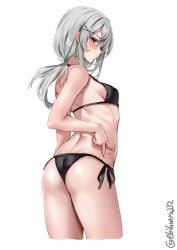 Rule 34 | 1girl, alternate costume, ass, back, bikini, black bikini, blush, breasts, commentary, cowboy shot, cropped legs, ebifurya, from behind, grey eyes, grey hair, highres, i-201 (kancolle), kantai collection, long hair, looking back, one-hour drawing challenge, side-tie bikini bottom, small breasts, solo, swimsuit, twitter username, white background