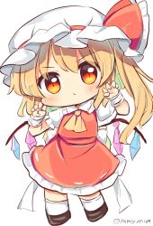 Rule 34 | 1girl, ascot, back bow, blonde hair, blush, bow, chibi, claw pose, commentary request, crystal, flandre scarlet, frilled shirt collar, frilled skirt, frilled sleeves, frills, hat, hat ribbon, highres, medium hair, mob cap, one side up, puffy short sleeves, puffy sleeves, ramudia (lamyun), red bow, red eyes, red ribbon, red skirt, red vest, ribbon, shirt, short sleeves, simple background, skirt, skirt set, solo, touhou, vest, white background, white bow, white hat, white shirt, wings, wrist cuffs, yellow ascot
