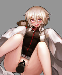 Rule 34 | 1boy, 1girl, absurdres, bad id, bad pixiv id, blush, bottomless, censored, closers, cum, cum in pussy, elf, gremory (closers), heart, heart-shaped pupils, hetero, highres, kibellin, lab coat, looking at viewer, penis, pointy ears, pussy, sex, sharp teeth, short hair, smile, solo focus, spread legs, straddling, stuffed animal, stuffed toy, symbol-shaped pupils, teddy bear, teeth, vaginal