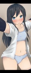Rule 34 | 1girl, arm warmers, asashio (kancolle), black hair, black thighhighs, blue eyes, blush, bra, breasts, grey bra, grey panties, groin, highres, kantai collection, letterboxed, long hair, navel, panties, reaching, reaching towards viewer, selfie, skindentation, small breasts, solo, tan background, thighhighs, thighs, underwear, wasumi kei