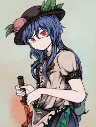 1girl, :/, awk chan, black headwear, blue hair, blue skirt, bow, bowtie, center frills, commentary request, expressionless, eyebrows behind hair, flat chest, frills, glowing, glowing sword, glowing weapon, grey background, hair between eyes, hat, head tilt, highres, hinanawi tenshi, holding, holding sword, holding weapon, long hair, looking at viewer, puffy short sleeves, puffy sleeves, red bow, red eyes, red neckwear, shirt, short sleeves, simple background, skirt, solo, sword, sword of hisou, touhou, upper body, very long hair, weapon, white shirt