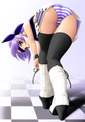 Rule 34 | 1girl, ass, ayane (doa), bent over, black thighhighs, blue hair, blue panties, boots, brown eyes, cameltoe, cleft of venus, crop top, dead or alive, hair ribbon, headband, highres, kneepits, miniskirt, onoe, panties, pantyshot, purple hair, ribbon, skirt, solo, standing, striped clothes, striped panties, tecmo, thighhighs, thighs, trefoil, underwear, watermark, zettai ryouiki