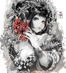 Rule 34 | 1girl, absurdres, artist logo, black hair, blunt bangs, breasts, cleavage, dragon, eastern dragon, fingernails, flower, hair flower, hair ornament, hairpin, highres, large breasts, lips, looking at viewer, mask, oni mask, original, parkjinsuky, parted lips, sharp fingernails, solo, tattoo, white background