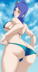 Rule 34 | 1girl, absurdres, ass, bare shoulders, bikini, blue hair, blush, breasts, butt crack, flower, from behind, from below, hair bun, hair flower, hair ornament, highres, huge ass, konan (naruto), large breasts, looking at viewer, looking down, naruto, naruto (series), naruto shippuuden, next one, orange eyes, shiny skin, short hair, sideboob, single hair bun, smile, solo, swimsuit, underboob