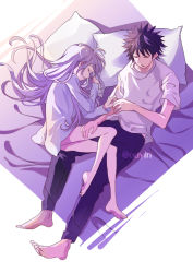 Rule 34 | 1boy, 1girl, bare legs, barefoot, black hair, closed eyes, from above, grey hair, hand on another&#039;s leg, highres, index (toaru majutsu no index), kamijou touma, long hair, lying, naked shirt, on back, on side, open mouth, ouyin, pants, pillow, purple pants, shirt, short hair, sketch, sleeping, spiked hair, straight hair, t-shirt, toaru majutsu no index, twitter username, very long hair, white shirt