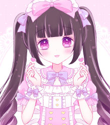 Rule 34 | 1girl, blunt bangs, blush, bow, brown hair, closed mouth, collared dress, doily, dress, frilled dress, frilled shirt collar, frills, hair bow, hands up, heart, heart-shaped pupils, highres, himetsuki luna, long hair, looking at viewer, maid, maid headdress, original, pink background, pink bow, pink dress, polka dot, polka dot background, puffy short sleeves, puffy sleeves, purple bow, purple eyes, ringlets, short sleeves, sidelocks, solo, symbol-shaped pupils, tongue, tongue out, twintails, upper body, very long hair, wrist cuffs