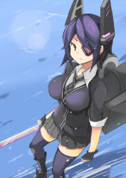 Rule 34 | 10s, 1girl, breasts, checkered clothes, checkered necktie, checkered neckwear, eyepatch, fingerless gloves, gloves, headgear, kantai collection, kion-kun, large breasts, looking at viewer, looking up, necktie, partially fingerless gloves, purple hair, school uniform, short hair, solo, sword, tenryuu (kancolle), thighhighs, weapon, yellow eyes