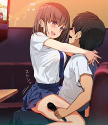 Rule 34 | 1boy, 1girl, abarerumidori, absurdres, arms around neck, assertive female, black hair, blush, breasts, brown eyes, brown hair, couch, couple, face-to-face, faceless, faceless male, hetero, highres, implied sex, indoors, karaoke, looking at another, medium breasts, microphone, musical note, necktie, nervous, open mouth, original, school uniform, sitting, sitting on lap, sitting on person, skirt, smile, straddling, sweatdrop, television, thighs, upright straddle