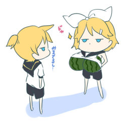 Rule 34 | 1boy, 1girl, blonde hair, blue eyes, brother and sister, chibi, food, fruit, kagamine len, kagamine rin, natsu (natume0504), siblings, twins, vocaloid, watermelon