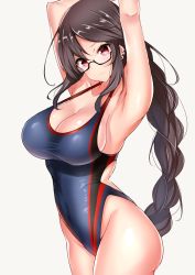 Rule 34 | 1girl, armpits, arms behind head, arms up, bare shoulders, black-framed eyewear, black hair, blue one-piece swimsuit, blush, braid, breasts, cleavage, collarbone, commentary request, competition swimsuit, covered navel, cowboy shot, ear piercing, earrings, fate/grand order, fate (series), glasses, grey background, highleg, highleg swimsuit, highres, hip focus, jewelry, large breasts, long hair, looking at viewer, one-piece swimsuit, piercing, red eyes, sankakusui, semi-rimless eyewear, shiny skin, simple background, single braid, solo, swimsuit, thighs, under-rim eyewear, yu mei-ren (fate), yu mei-ren (first ascension) (fate)