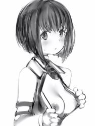 Rule 34 | 1girl, alice gear aegis, bad id, bad pixiv id, blush, bob cut, breasts, clothes pull, copyright request, greyscale, highres, looking at viewer, medium breasts, monochrome, nanashi (nlo), nipples, parted lips, shirt pull, short hair, simple background, solo, suga itsuri, sweat, tareme, upper body, white background