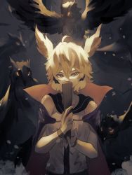 Rule 34 | 1girl, ahoge, bare shoulders, bird, blonde hair, blouse, blurry, blurry background, bracelet, breasts, cape, covering own mouth, depth of field, earmuffs, eyebrows hidden by hair, grey shirt, hair between eyes, highres, holding, holding stick, jewelry, light, light particles, looking to the side, medium breasts, naufaldreamer, owl, pointy hair, purple cape, ritual baton, shirt, short hair, sleeveless, sleeveless shirt, solo, stick, touhou, toyosatomimi no miko, upper body, yellow eyes