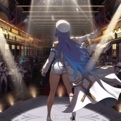 Rule 34 | 1girl, ass, blue hair, crowd, epaulettes, from behind, gloves, goddess of victory: nikke, helm (nikke), high heels, highres, jacket, jacket on shoulders, k.pumpkin, lights, long hair, military, military uniform, outstretched hand, short shorts, shorts, stage, stage lights, standing, table, uniform, white footwear, white gloves, white headwear