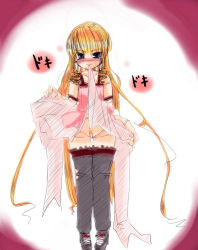 Rule 34 | 00s, 1girl, bandaid, bandaid on pussy, black footwear, black thighhighs, blonde hair, blue eyes, blush, clothes lift, collarbone, doll joints, dress, dress lift, joints, long hair, looking at viewer, mask, mouth mask, navel, no panties, pink dress, rozen maiden, shinku, shoes, sleeveless, sleeveless dress, smile, socks, standing, sweatdrop, thighhighs, white background