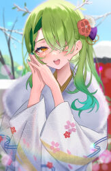 Rule 34 | 1girl, :d, absurdres, antlers, aotake iro, bare tree, blue nails, blue sky, blurry, blurry background, blush, braid, braided bangs, branch, ceres fauna, commentary request, day, depth of field, fur collar, green hair, grey kimono, hair over one eye, hands up, hatsumoude, highres, hololive, hololive english, horns, japanese clothes, kimono, long hair, long sleeves, looking at viewer, mole, mole under eye, multicolored hair, nail polish, new year, open mouth, orange eyes, outdoors, sky, smile, snow, solo, steepled fingers, streaked hair, teeth, torii, tree, upper body, upper teeth only, virtual youtuber, wide sleeves