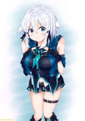 Rule 34 | 1girl, blue neckerchief, blush, breasts, closed mouth, fingerless gloves, gloves, highres, iumi urura, large breasts, looking at viewer, navel, neckerchief, original, short hair, shorts, solo, thigh gap, thigh strap, twitter username, white hair