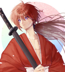 Rule 34 | 1boy, cherry blossoms, circle, closed mouth, cross scar, facial scar, falling petals, highres, himura kenshin, holding, holding sword, holding weapon, japanese clothes, katana, kimono, light smile, long hair, looking afar, looking to the side, male focus, petals, ponytail, purple eyes, red hair, red kimono, rurouni kenshin, scar, scar on cheek, scar on face, sheath, sheathed, smile, solo, sword, weapon, yuusuke (yyy xp)