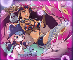 Rule 34 | animal hood, arm tattoo, bottle, braid, braided ponytail, brown eyes, brown hair, cat hood, decufhfsdr, tooth necklace, highres, hood, jewelry, kayna (monster hunter), loincloth, mask, mask on head, mizutsune, monster hunter (series), monster hunter stories 2, multicolored hair, navel, neck ring, necklace, one eye closed, open mouth, reclining, sake bottle, smile, stomach, tattoo, tooth necklace, tribal, tribal tattoo, tsukino (monster hunter), two-tone hair