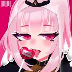 Rule 34 | 1girl, candy, food, highres, hololive, hololive english, lollipop, mori calliope, nahrimon, pink eyes, pink hair, razor blade, shoulder spikes, solo, spikes, tongue, tongue out, veil, virtual youtuber