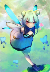 Rule 34 | 1girl, 38 (sanjuuhachi), arms behind back, black butterfly, blue butterfly, blue dress, breasts, bug, butterfly, cleavage, closed mouth, commentary, day, detached sleeves, double bun, dress, full body, green hair, hair bun, hair ornament, heart, highres, hololive, insect, leaning forward, looking at viewer, outdoors, red eyes, short hair, skull hair ornament, sleeveless, sleeveless dress, small breasts, smile, solo, standing, standing on one leg, uruha rushia, uruha rushia (1st costume), virtual youtuber, wings