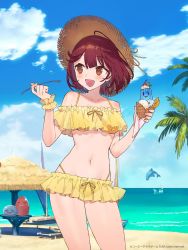 Rule 34 | 1girl, :d, atelier (series), atelier ryza, atelier ryza 2, beach, bikini, bikini skirt, brown eyes, collarbone, commentary, contrapposto, cowboy shot, day, dolphin, frilled bikini, frills, hands up, hat, highres, holding, holding food, holding ice cream, holding spoon, ice cream, looking to the side, marine day, navel, ocean, off-shoulder bikini, off shoulder, official art, open mouth, puni (atelier), red hair, short hair, smile, solo, sophie neuenmuller, spoon, straw hat, sun hat, swimsuit, yellow bikini
