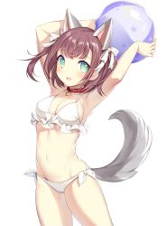 Rule 34 | 1girl, :d, animal ears, aqua eyes, armpits, arms up, azur lane, ball, bare arms, bare shoulders, beachball, bikini, breasts, brown hair, cleavage, collar, collarbone, commentary request, covered erect nipples, cowboy shot, dog tail, fake animal ears, groin, hair ribbon, heart, highres, holding, icomochi, looking at viewer, medium breasts, navel, open mouth, ribbon, shiratsuyu (azur lane), short hair, side-tie bikini bottom, sidelocks, simple background, smile, solo, standing, swimsuit, tail, thighs, two side up, white background, white bikini, white ribbon